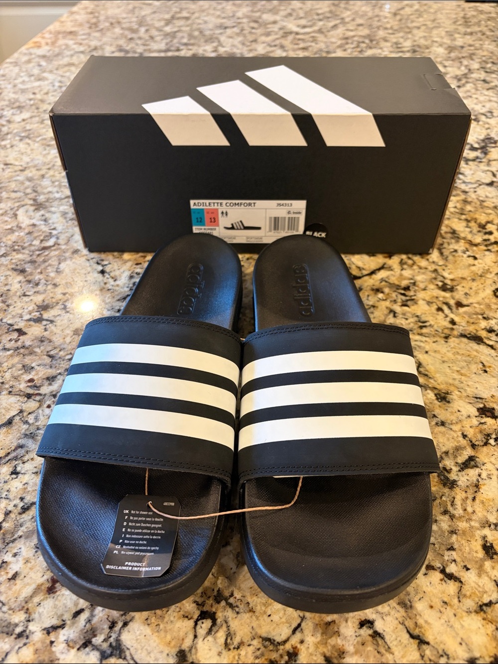 NWT Adidas Adilette Comfort Slides Black White Stripes Men 12 / Women 13 in box